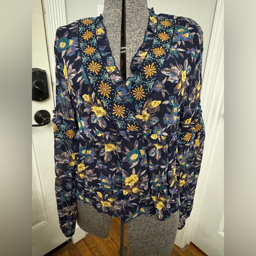 Meadow Rue by Anthropologie Navy Sheer Embroidered V Neck Blouse Small